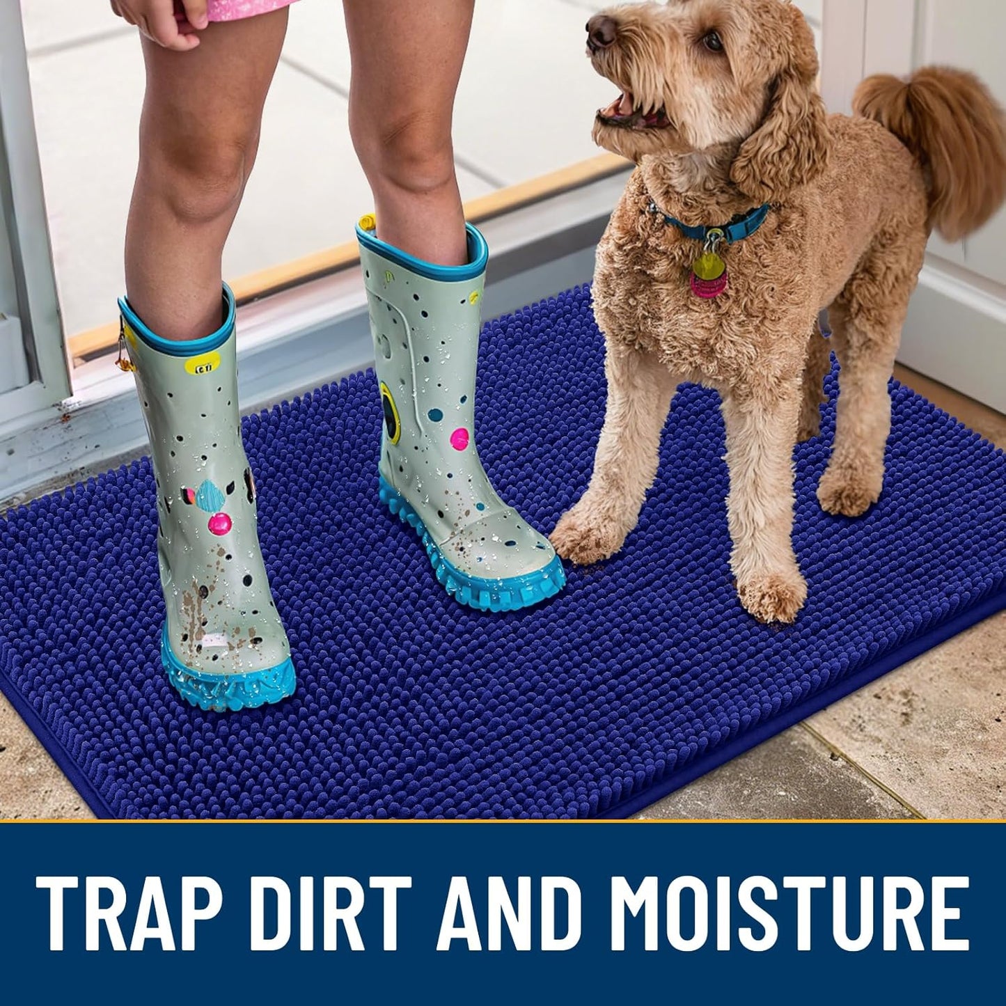 Smiry Dog Door Mat for Muddy Paws 70x24, Absorbs Moisture and Dirt Doormat, Non-Slip Washable Quick Dry Chenille Front Door Mat Indoor Entrance, Entryway Carpet for Inside Floor, Navy Blue