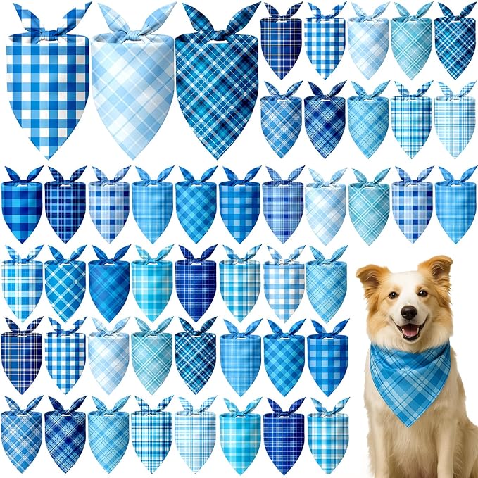 Abbylike 50 Pcs Plaid Dog Bandanas Bulk Blue Checkered Bandanas for Dogs Triangle Kerchief Bibs Scarf Set for Pet Holiday Costume Photo Props Accessories Pet Shops (31.5 x 21.7 x 21.7 Inch)