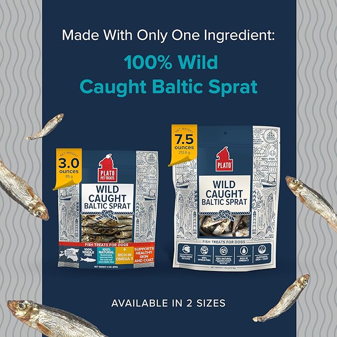 Plato Pet Treats Fish Dog Treats - Air-Dried, Single Ingredient Pet Treat - Omega 3 & 6 Fatty Acids to Support Skin and Coat - 100% Whole Fish - Wild Caught Baltic Sprat - 3 oz - 2 Pack