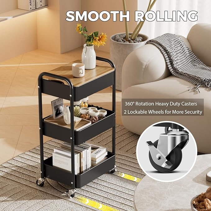 3 Tier Rolling Cart with Table top, Metal Utility Cart, Sturdy Storage Organizer Cart with Locking Wheels & Hooks for Office, Classroom, Kitchen and Bathroom