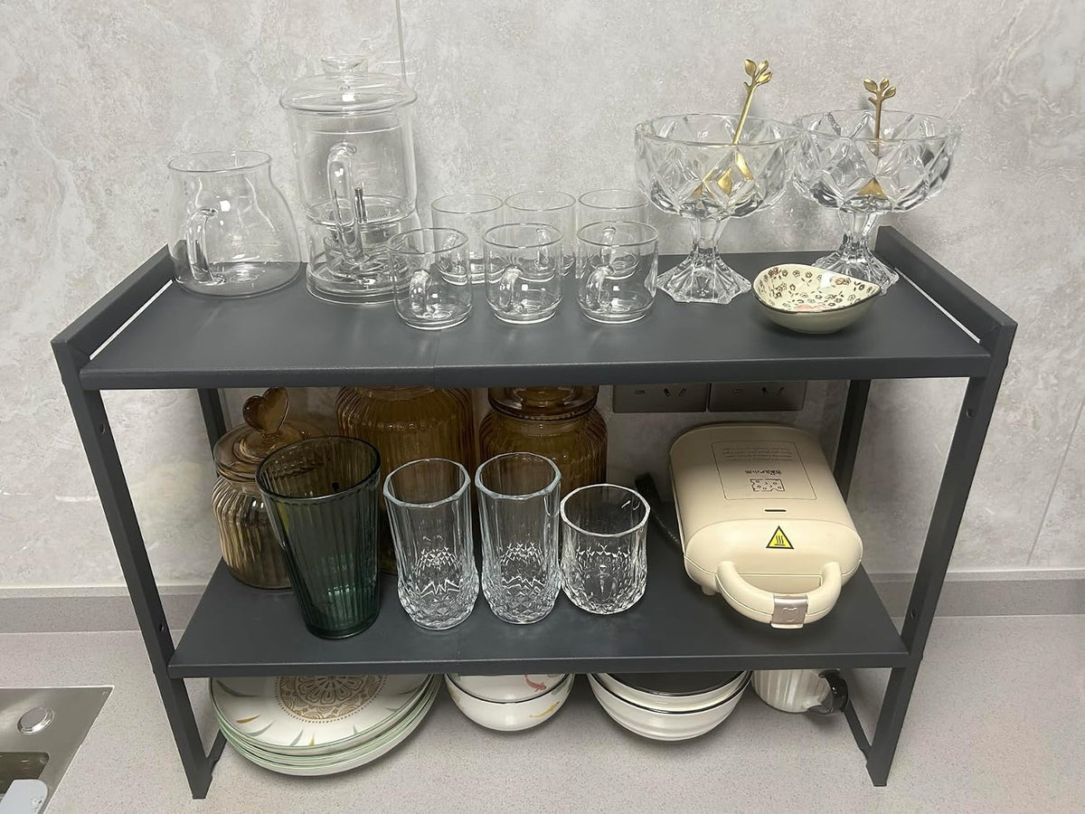 2 Tier Expandable Shelf 7.9"D Adjustable Countertop Riser Metal Black