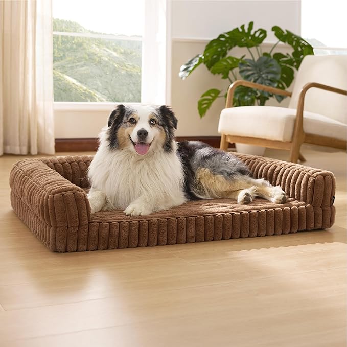 Bedsure ComfyFleece Orthopedic Dog Bed with Waterproof Dog Blanket for Extra Large Dogs, Brown