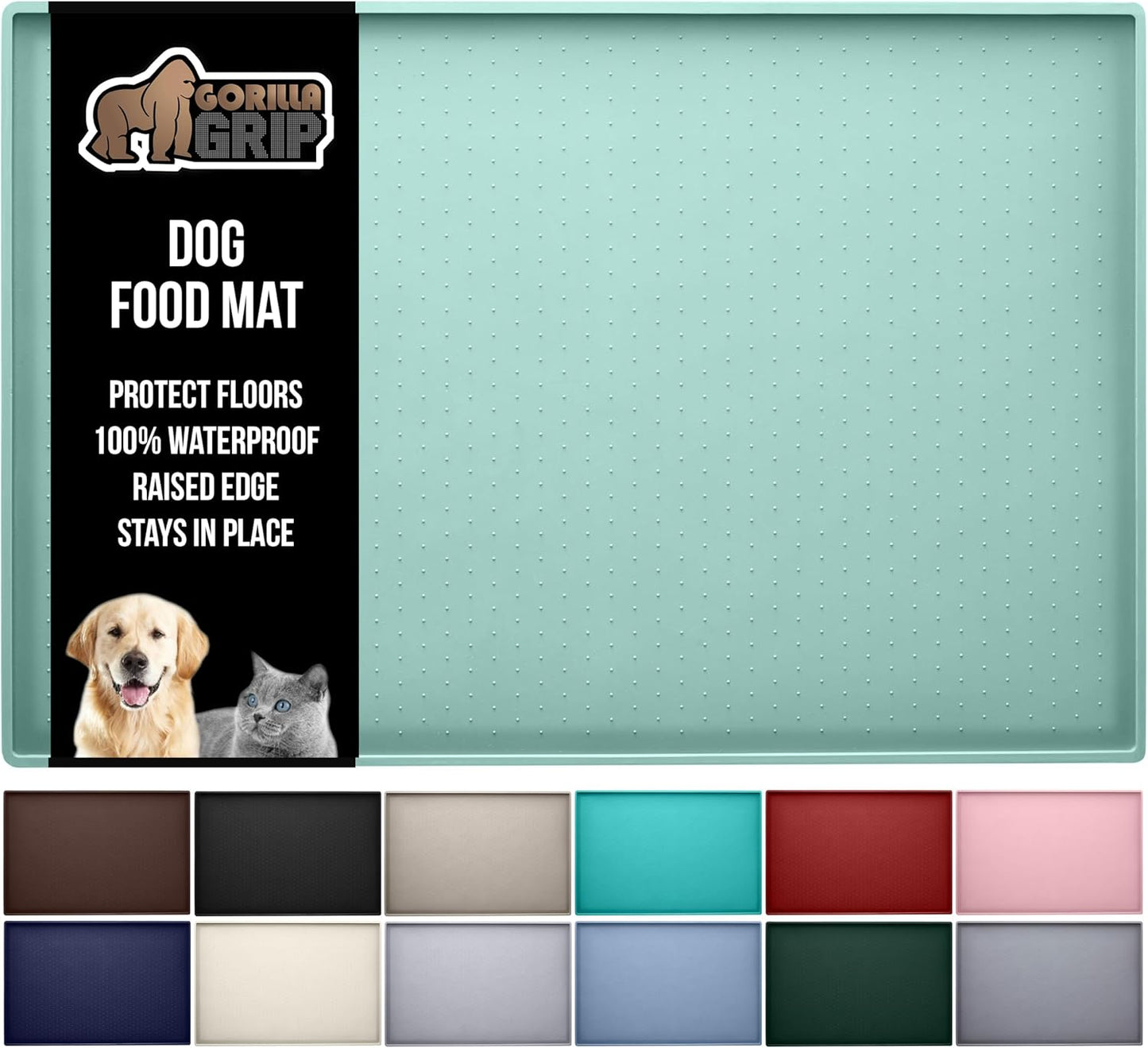 GORILLA GRIP 100% Waterproof Raised Edge BPA Free Silicone Pet Feeding Mat, Dog Cat Food Mats Contain Spills Protects Floors, Placemats for Cats and Dogs Water Bowl, Pets Accessories 23x15 Mint