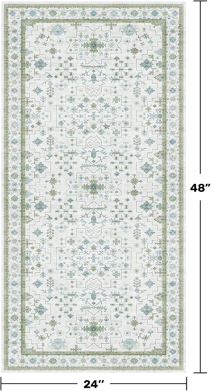 Cream Green and Blue 2x4 Boho Bathroom Rug