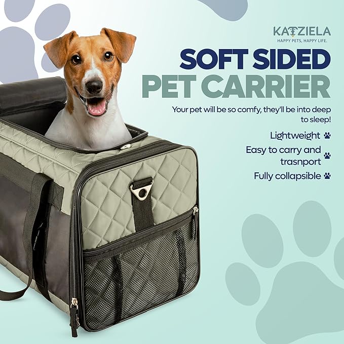 Deluxe Quilted Airline Approved Pet Dog & Cat Carrier for Airplane Travel - by Katziela (Large, Gray)