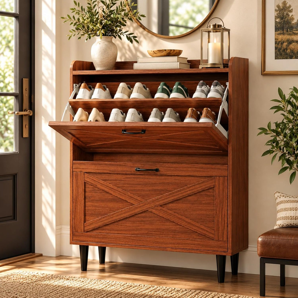 VINGLI Shoe Storage Cabinet for Entryway with 2 Flip Drawers, Ultra Slim Freestanding Entryway Shoe Organizer with Wood Tapered Legs,Hidden Closed Shoe Rack,31.6" W * 9.4" D * 39.4" H, Walnut