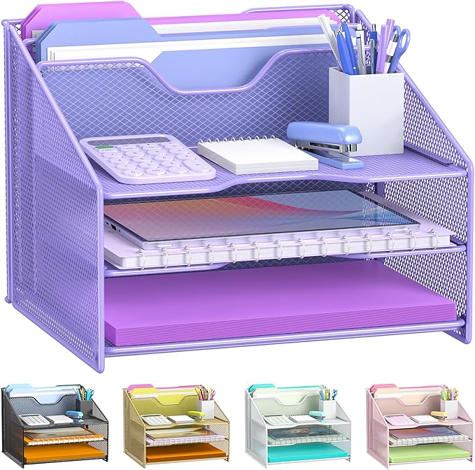 Samstar Purple Desk File Organizer, Mesh Letter File Folder Holder with 3 Paper Trays and 2 Vertical Upright Section, for Office Supplies, Desk Accessories & Workspace, Purple