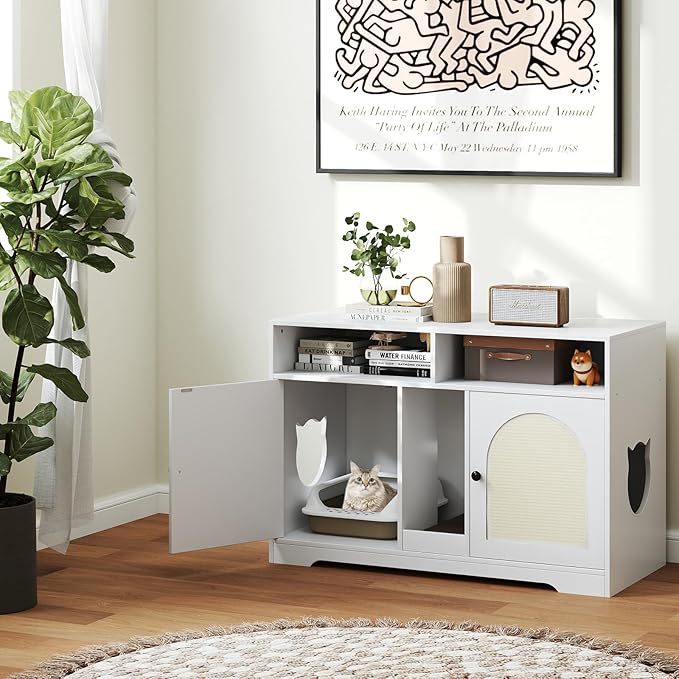 PETSITE White Double Litter Box Enclosure, 43 Inch Modern Cat Hidden Litter Box with Shelves, Double Rooms, Scratching Board, and 2 Sisal Mats, Indoor Wooden Kitten House End Side Table