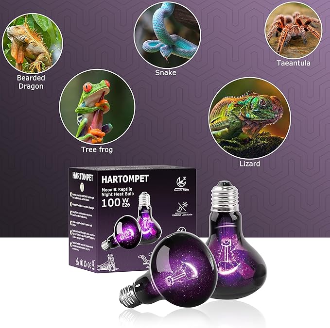 R80-100W Reptile Night Light Bulb, UVA Heat Lamp - Simulate Natural Moonlight, Purple Basking Lamp, 2000 Hours lifespan