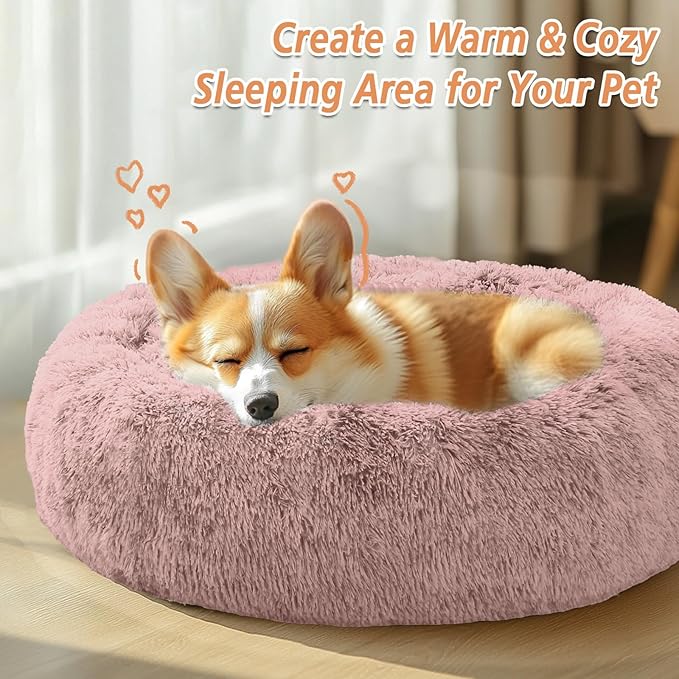 JOLLYVOGUE Calming Dog & Cat Bed for Large Dogs, Anti-Anxiety Donut Cuddler Cozy Soft Round Bed with Anti-Slip Bottom, Fluffy Faux Fur Plush Cushion Beds for Medium Dogs (36")