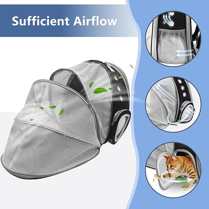 Cat Backpack Carrier Back Expandable Bubble Pet Carrier Backpack for Large Cat, Kitten and Dog, Designed for Hiking, Travelling and Outdoor Use (Back Expandable-Black)