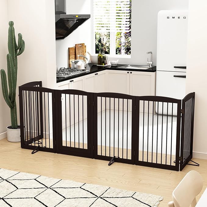 Freestanding Pet Gate with Door, Tall Dog Gate for House, Extra Wide, Pet Puppy Safety Fence, Support Feet Included, 120 Inch Wide, 6 Panels 32" Tall, Brown