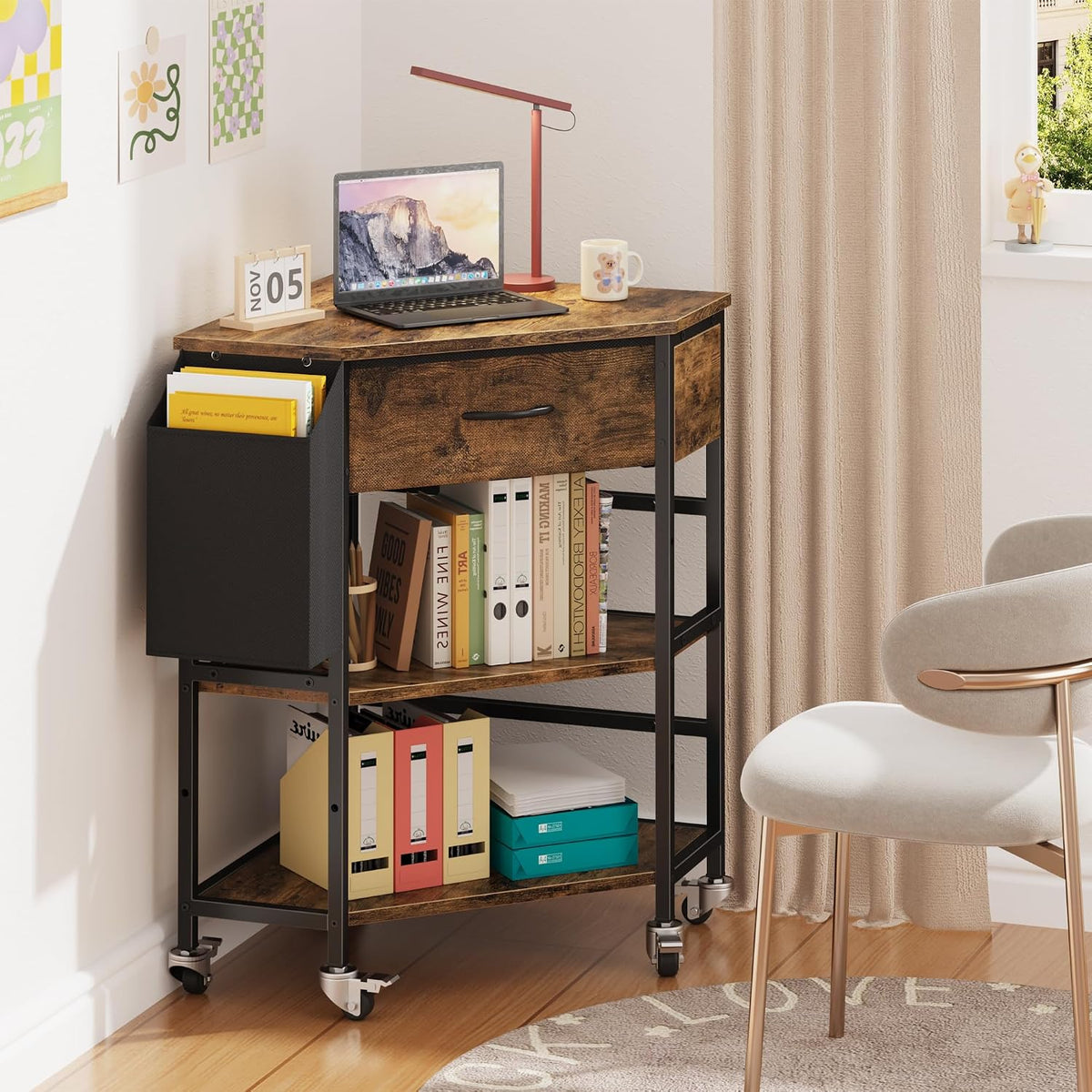 YAOHUOO Corner Printer Stand, Corner Table with Power Outlet/Fabric Drawer