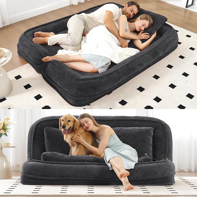 Double Human Dog Bed for Adult and Kids, Comfy Foldable Lazy Floor Loveseat Sofa Bed with 5 Adjustable Position, Upholstered Floor Bean Bag Lounger Chair for Bedroom, Living Room,Office (Black)