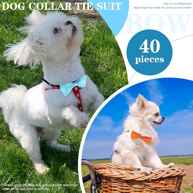 Jutom 40 Pcs Spring Dog Bow Ties Dots Collar Bow Ties Puppy Neckties Bulk Elastic Bands Adjustable Pet Dog Grooming Accessories for Small Medium Large Pet Birthday Wedding Parties