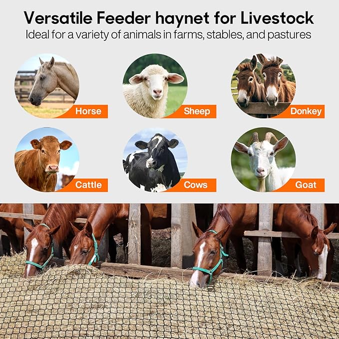 5 x 5 ft Round Bale Hay Net for Horses, with 20 Ropes, Netting Comb, Cable Tie,Large Slow Feed Hay Net， 2" Hole Size， Reduces Hay Waste， for Horses, Goats, Cattle and Livestock