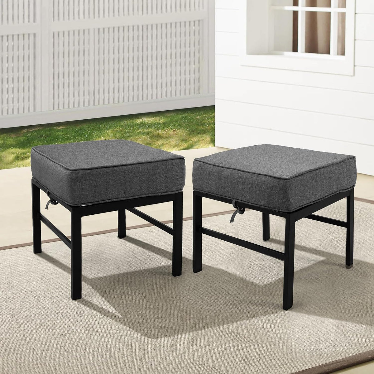 2 Pieces Outdoor Ottomans for Patio, Assembled Aluminum Outdoor Ottoman with Gray Cushions, Aluminum Small Outdoor Foot Stools for Patio Porch Yard Garden Deck, Black Frame