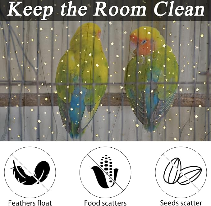 JULMELON 2Pcs Adjustable Bird Cage Seed Catcher(Black) Birdcage Nylon Mesh Cover Twinkle Star Universal Birdcage Cover for Parakeet Round Square Cage with Spring Hook