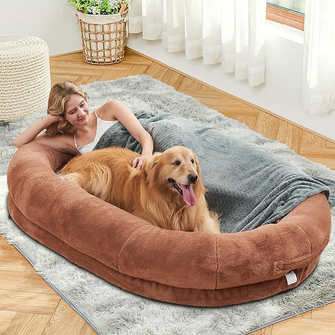 Human Dog Bed - 72"x48"x10" Large Gaint Shared Bed for Adult - Flufelbed Standard Cloud Bed for Humans and Dogs - Nap Bed Bean Bag Bed Faux Fur Fluffy Orthopedic Pet Bed Large Brown