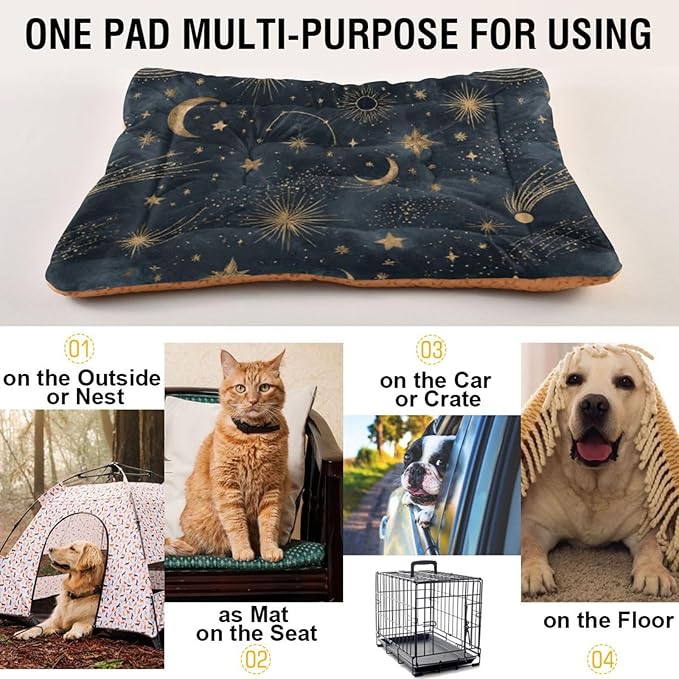 Moon Stars Dog Bed Mat Gold Black Starry Pet Kennel Beds Washable Cat Beds Crate Pad Pets Sleeping Mattress for Large Medium Small Dogs 36x24 Inch
