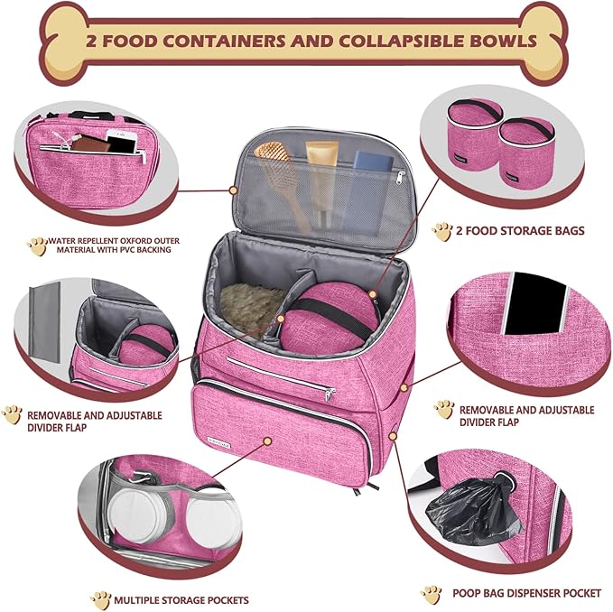 BAGLHER丨Dog Travel Bag Backpack, Airline Approved Pet Supplies Backpack, Dog Travel Bag with 2 Silicone Collapsible Bowls and 2 Food Baskets Pink