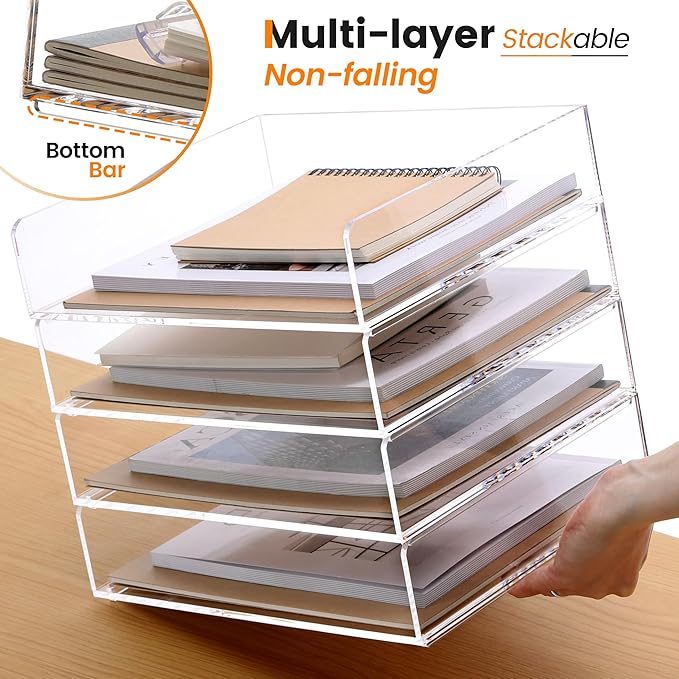 Acrylic Paper Tray, 4 Tier Paper Organizer for Desk, Clear Acrylic Desk Organizers, Stackable Letter Tray Workspace oaganzier -Art Storage for School Classroom -4 Pack…