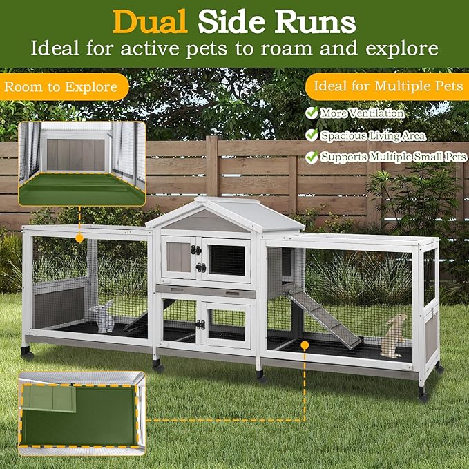 PetsCosset Double Rabbit Hutch Outdoor Indoor Large Bunny Cage with Dual Side Runs, 2-Story Wooden Hutch with 4 Leak Proof Trays, 8 Wheels, Waterproof Roof, Ramp, for Small to Medium Animals