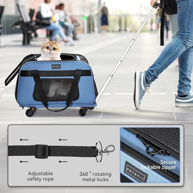 Petsfit Pet Carrier with Wheels, Rolling Cat Carrier for Small Cats, Airline Approved Pet Carrier with Telescopic Handle Perfect for Travelling Under 13lb,Blue