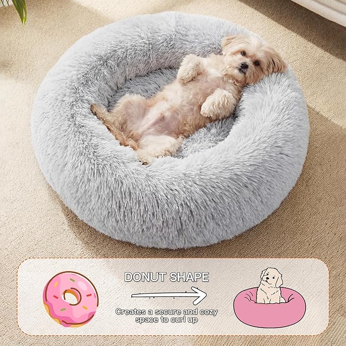 Calming Dog Bed, 24" x 24" x 6" Fits Cat & Dog, Anti-Slip Round Washable Faux Fur for Doze Off, Napping Orthopedic, Grey