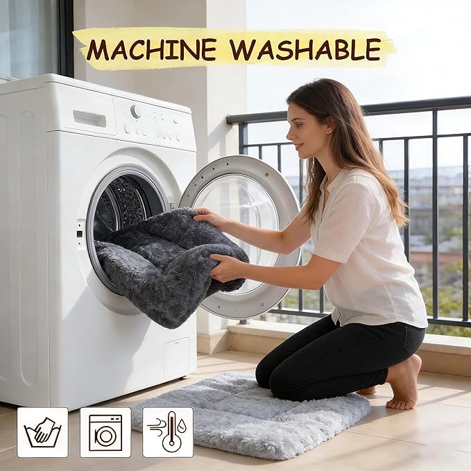 Washable Dog Bed for Small to Large Dogs, Calming Anti Anxiety Medium Dog Bed, Deluxe Plush Faux Fur Crate Beds, Comfy Fluffy Kennel Pad Pet Sleeping Mat Non-Slip Bottom, 35"x22", Dark Grey