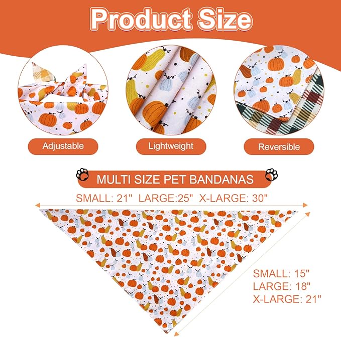 Fall Dog Bandanas Large 3PCS, 6 Pattern Thanksgiving Scarf for Boy and Girl, Pumpkin Leaves Flowers Triangle Reversible Bibs Breed for Puppy Pets