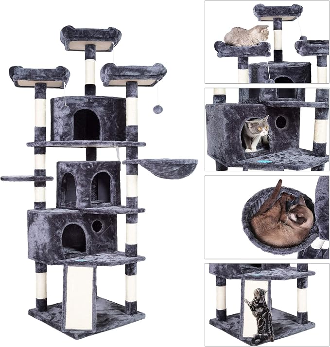 Hey-brother XL Cat Tree, 73.4 inch Cat Tower with 3 Caves, 3 Cozy Perches, Scratching Posts, Board, Activity Center Stable for Kitten/Big Cat, Gray MPJ032G