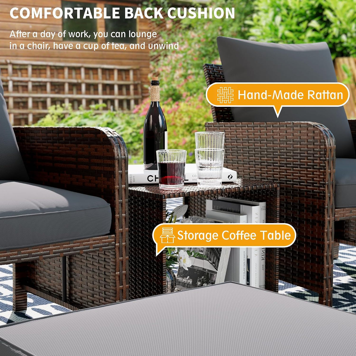 UDPATIO Balcony Furniture, Space-Saving Patio Chairs with Ottoman