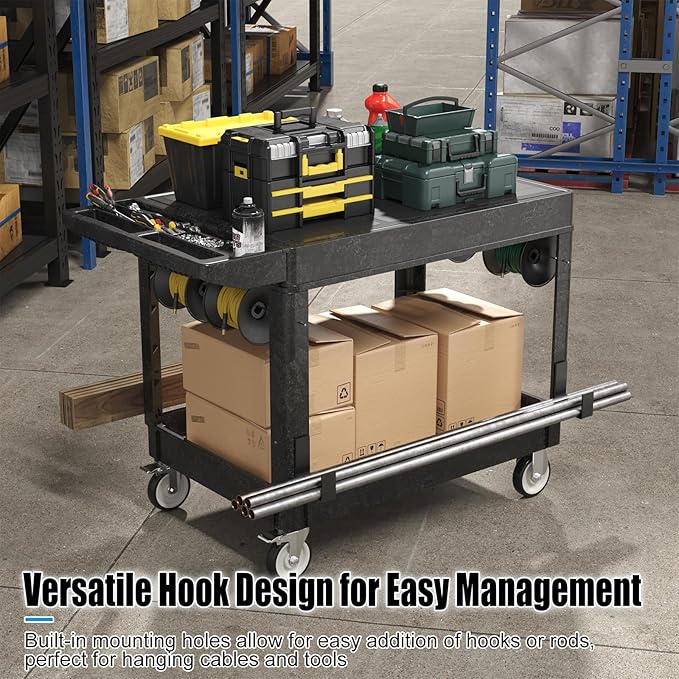 Large Garage Flat Top Utility Cart, Heavy Duty 2 Shelf Tool Cart Service Cart Rolling Push Carts with Ergonomic Handle 5" Swivel Casters