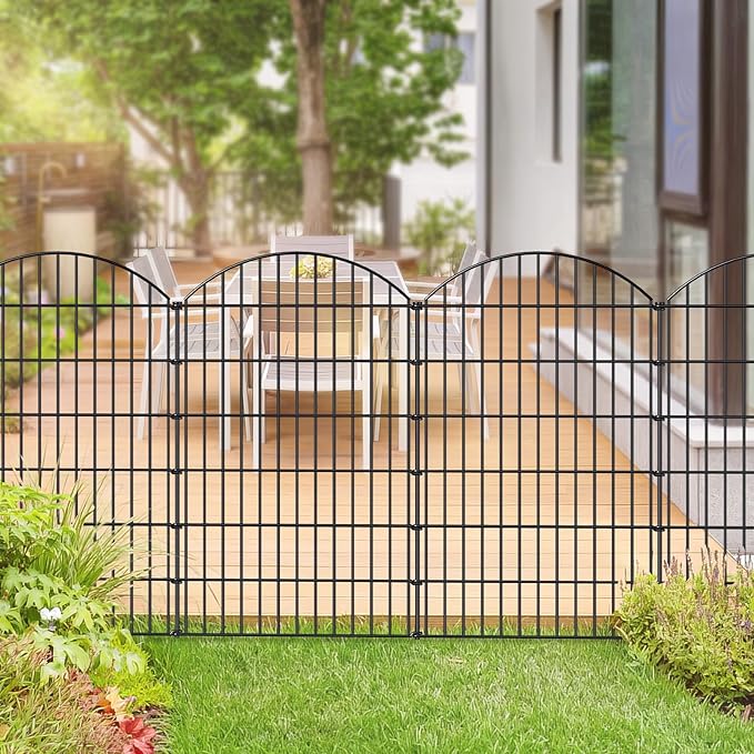 Metal Garden Fence 48in (H) x 20.3ft (L), 8 Panels + 9 Stakes Dog Fence Border Fence Animal Barrier, No Dig Garden Fencing for Yard Flower Bed Lawn Patio Outdoor, CTW4808 Black