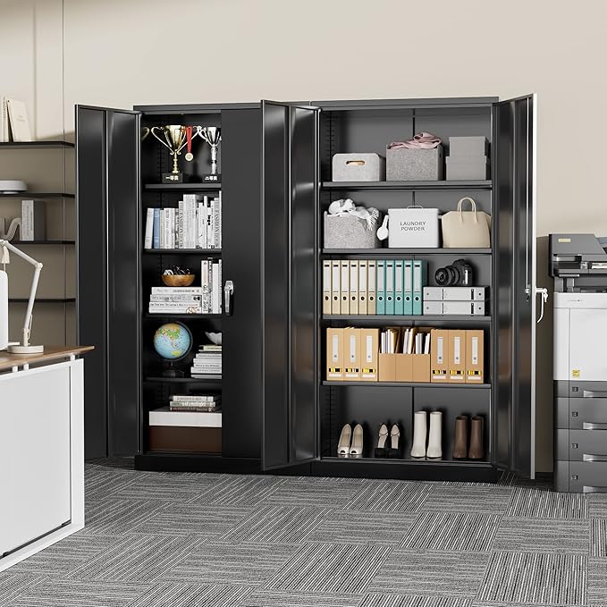 Greenvelly Steel SnapIt Storage Cabinet, 72" Locking Metal Garage Storage Cabinet with 4 Adjustable Shelves, 2 Doors and Lock for File, Office, Garage, Home (Black)