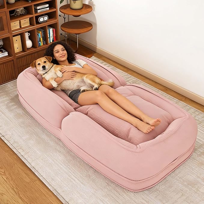 Oversized Human Dog Bed for Adult, Foldable Giant Human Pet Bed with 2 Soft Pillows, Large Sized Dog Sofa with 5 Adjustable Position for Humans, Metal Frame & Corduroy (Pink)