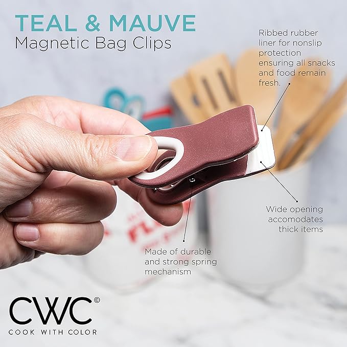 COOK WITH COLOR Bag Clips - Heavy Duty Chip Clip and Refrigerator Magnet Clips for Food Storage with Air Tight Seal Grip, Teal and Mauve, Pack of 8