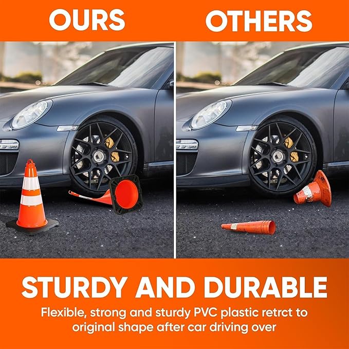 Pyle 18" PVC Traffic Cones, 12-Pack Safety Cones for Parking, Construction, Roadwork, & Sports Training, High-Visibility Orange, Durable, Stackable Design, Heavy-Duty Base for Stability in All Weather