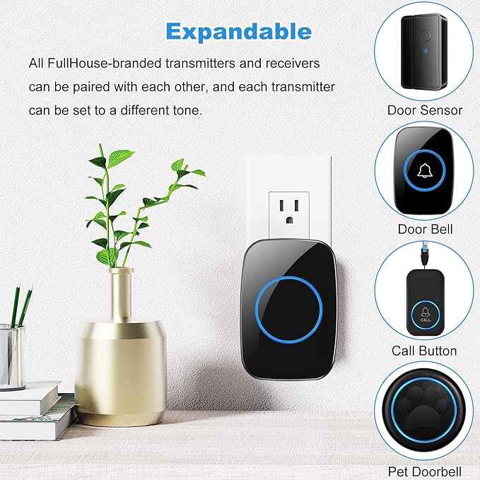Wireless Doorbell, Waterproof Door Bell Kit, Distinguish front and rear doors