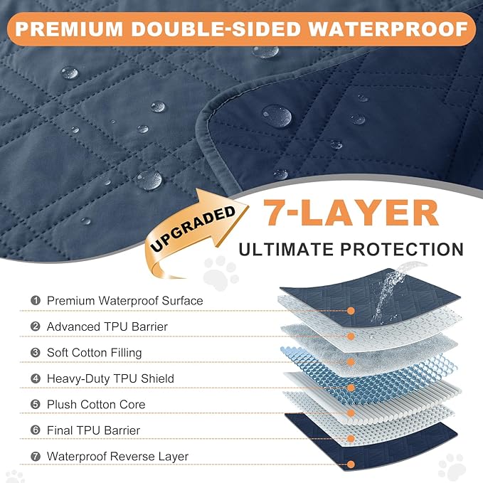 100% Waterproof Dog Couch Protector, Triple-Layer Waterproof Dog Bed Cover Pet Blanket Reversible 2-Tone Sofa Shield, Non-Slip Furniture Guard for Pets(82×92 Inch, Blue+Navy Blue)