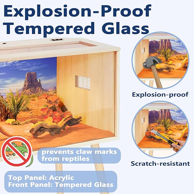 Prolee 36 Gallon Reptile Tank, Tempered Glass Bearded Dragon Tank with Wooden Roof and Lockable Doors, Large Lizard Habitat for Snakes, Iguanas, Chameleons (Oak)