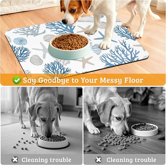Seashell Beach Feeding Mat,Coral Starfish Absorbent Quick-Dry Cat Dog Food and Water Bowl Mats,Non-Slip Rubber Backing Mat,Cat Dog Accessories Supplies 12" x 20"