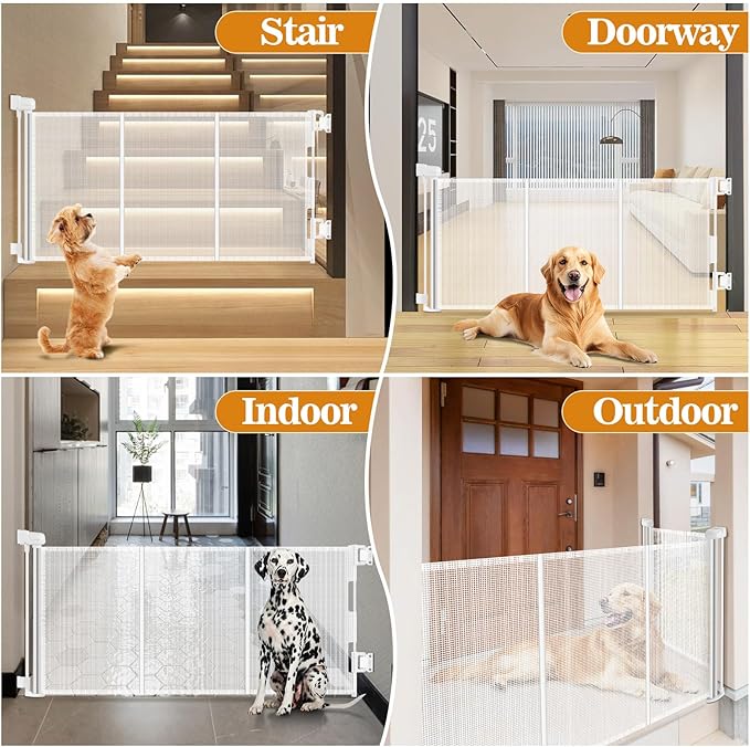 23.6" H Short Dog Gate Puppy Gate Pet Fence to Step Over,Retractable Mesh Doggie Gates Expands Up to 55 Inches Indoor Outdoor Dog Gates for Doorways Stairs