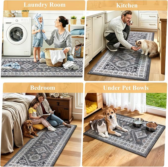 HEBE Boho Kitchen Rugs Sets of 2, Non Slip Washable Kitchen Mats