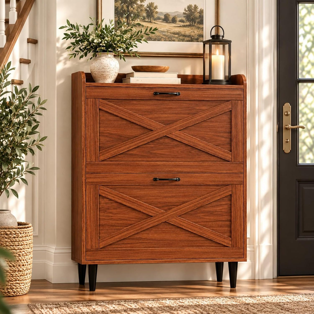 VINGLI Shoe Storage Cabinet for Entryway with 2 Flip Drawers, Ultra Slim Freestanding Entryway Shoe Organizer with Wood Tapered Legs,Hidden Closed Shoe Rack,31.6" W * 9.4" D * 39.4" H, Walnut