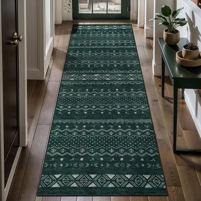 SERISSA 2x5 Kitchen Runner Rug, Washable Non-Slip Dark Green Boho Rug, Soft