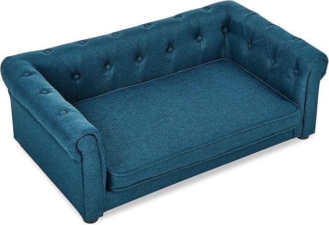 Elevated Dog Sofa with Backrest and Armrests, Button Tufted Pet Bed with Soft Cushion for Medium Dogs, Stylish Lounging Bed Pet Couch Chair for 60Lbs Dog, Blue