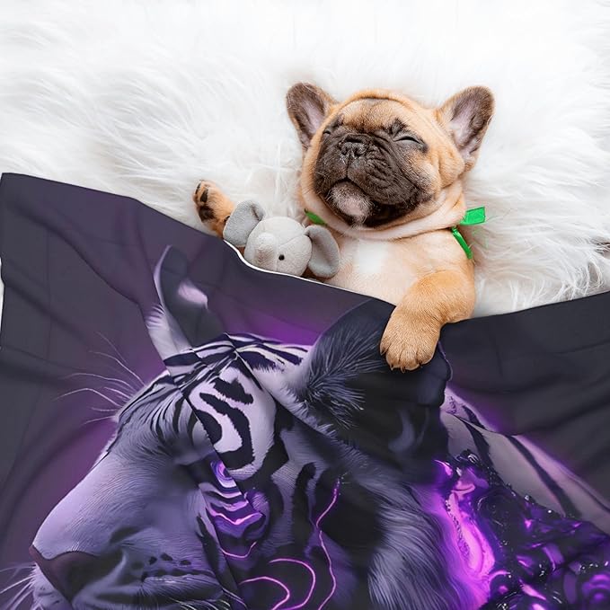 Waterproof Dog Blanket Soft Pet Blanket for Puppy Cat, Fleece Cat Throw Blankets for Furniture Bed Couch Sofa Reversible - Purple Pattern White Tiger
