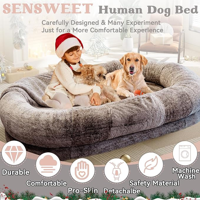 Human Dog Bed, 72"x48"x11" Extra Large Bean Bag Bed for Adults and Dogs, Ultimate Comfort Washable Fur and Blanket (Brown)